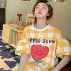 Short-sleeve Cartoon Print Plaid Tunic Dress