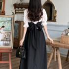 Short-sleeve Mock Two-piece Bow Back Midi Smock Dress