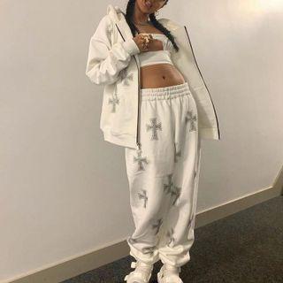 Set: Cross Print Zip-up Hoodie + Wide-leg Sweatpants