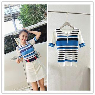 Short-sleeve Striped Knit Top As Shown In Figure - One Size