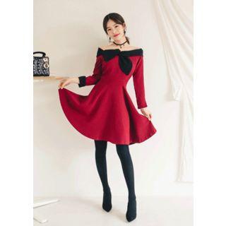 Beribboned Off-shoulder Flared Minidress