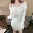 Long-sleeve Cold Shoulder Embellished Knit Mini Sheath Dress