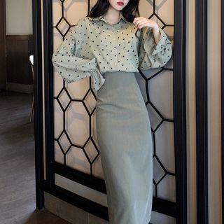 Dotted Shirt / High Waist Midi Straight-fit Skirt