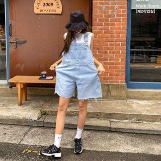 Fray-hem Denim Suspender Shorts Light Blue - One Size