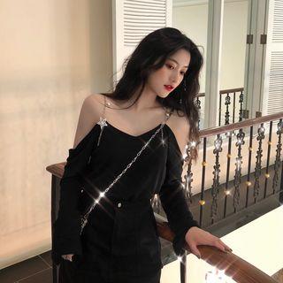 Off-shoulder Long-sleeve Blouse Black - One Size
