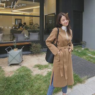 Collarless Open-front Coat With Sash