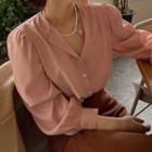 Long-sleeve Round-neck Blouse Pink - One Size