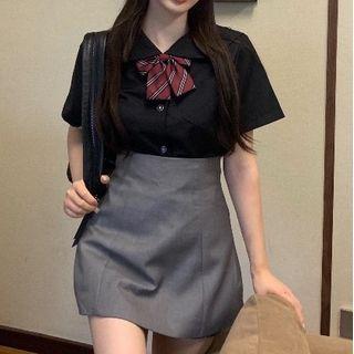 Short-sleeve Shirt / Bow / Mini Skirt