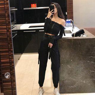 Cold-shoulder Buckled Zip-up Cropped Top / Buckled Cargo Pants