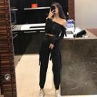 Cold-shoulder Buckled Zip-up Cropped Top / Buckled Cargo Pants