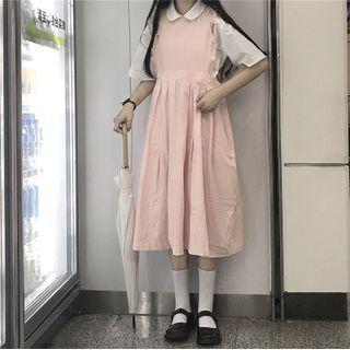 Elbow-sleeve Plain Blouse / Sleeveless Plain Midi Dress