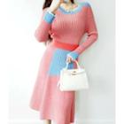 Set: Round-neck Color-block Knit Top + Band-waist Flare Skirt Red - One Size