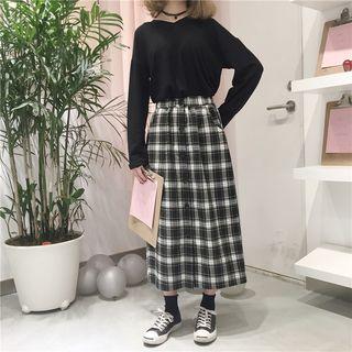 Long-sleeve Plain T-shirt / Midi Plaid A-line Skirt