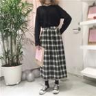 Long-sleeve Plain T-shirt / Midi Plaid A-line Skirt