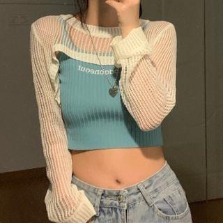 Long-sleeve Sheer Crop Top / Lettering Embroidered Cropped Tank Top