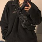 Lettering Embroidered Fleece Zip Jacket Black - One Size