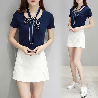 Set : Short-sleeve Bow Top + Skort