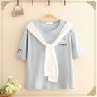 Inset Scarf Cat Embroidered Short-sleeve Top