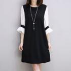 Long Sleeve Round Neck Color Panel Dress