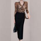 Set: Long-sleeve Leopard Print Top + Midi Skirt