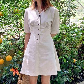 V-neck Button-detail Linen Blend Dress