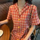 Checked Short-sleeve Shirt Dress Red - One Size