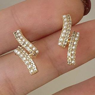 Faux Pearl Stud Earring 1 Pair - White Faux Pearl - Gold - One Size