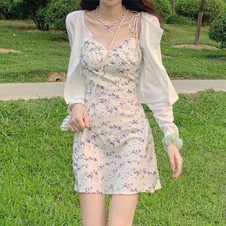 Spaghetti-strap Floral Mini A-line Dress / Cardigan / Set