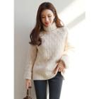Turtle-neck Cuff-sleeve Patterned Knit Top Ivory - One Size