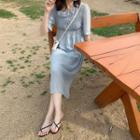 Plain Short-sleeve Midi A-line Dress As Shown In Figure - One Size