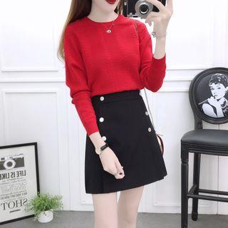 Set: Plain Open-knit Top + Double-breasted Skirt