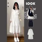 Long-sleeve Tie Neck Midi A-line Dress / Knit Vest / Set