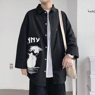 Long-sleeve Cat Print Loose-fit Shirt