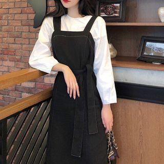 Set: Long-sleeve Blouse + A-line Midi Pinafore Dress