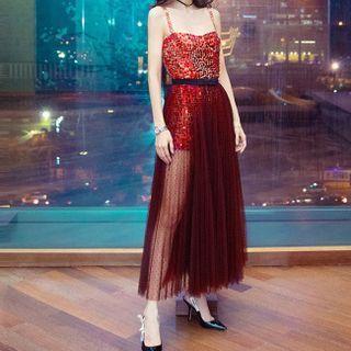 Spaghetti-strap Mini Sheath Sequin Dress / Mesh Maxi A-line Skirt