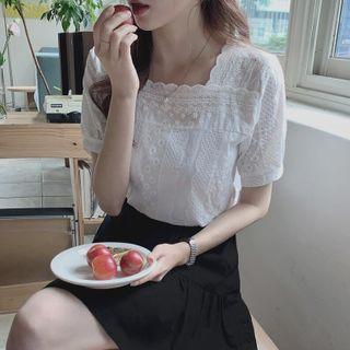 Square-neck Short-sleeve Embroidered Blouse
