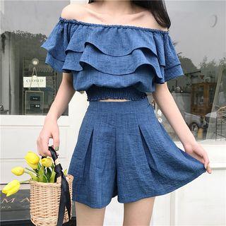 Set: Off Shoulder Short-sleeve Top + Wide Leg Shorts