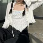 Puff-sleeve Ruffle Trim Crop Jacket White - One Size