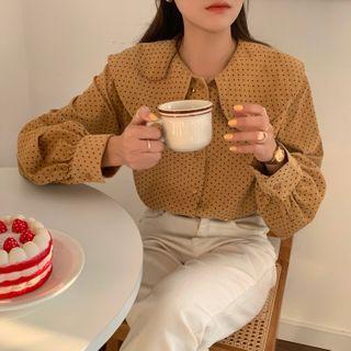 Long-sleeve Collared Polka Dot Blouse As Shown In Figure - One Size