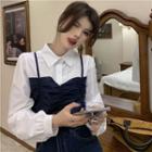 Mock Two-piece Puff-sleeve Shirred Blouse Black & White - One Size