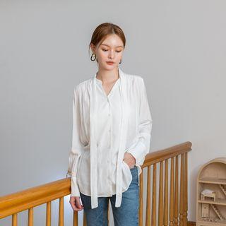 Tie-neck Shirred Wide-cuff Blouse