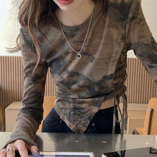 Long-sleeve Print Drawstring Crop Top