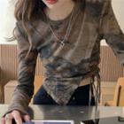 Long-sleeve Print Drawstring Crop Top