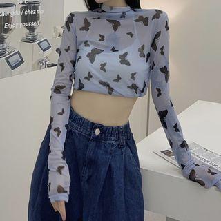 Long-sleeve Butterfly Print Sheer Crop Top Light Blue - One Size