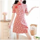 Short-sleeve Floral Print Plaid A-line Dress