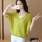 Perforated V-neck Elbow-sleeve Sweater