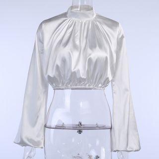Balloon-sleeve Mock-neck Blouse