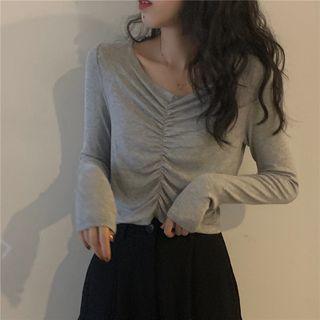 Long-sleeve Ruched V-neck T-shirt