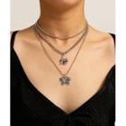 Alloy Butterfly & Daisy Panel Layered Necklace 0670 - Silver - One Size