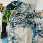 Printed High-neck Ruched Crop T-shirt In 6 Colors
